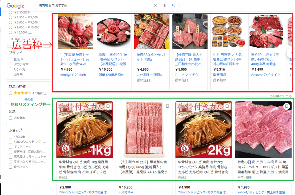 「焼肉用 お肉 おすすめ」と検索したときのショッピング枠の検索結果